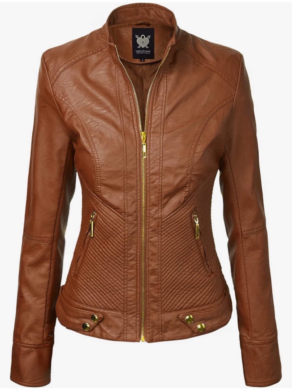 Chestnut Brown Faux Leather Women’s Bomber Jacket with Quilted Panels